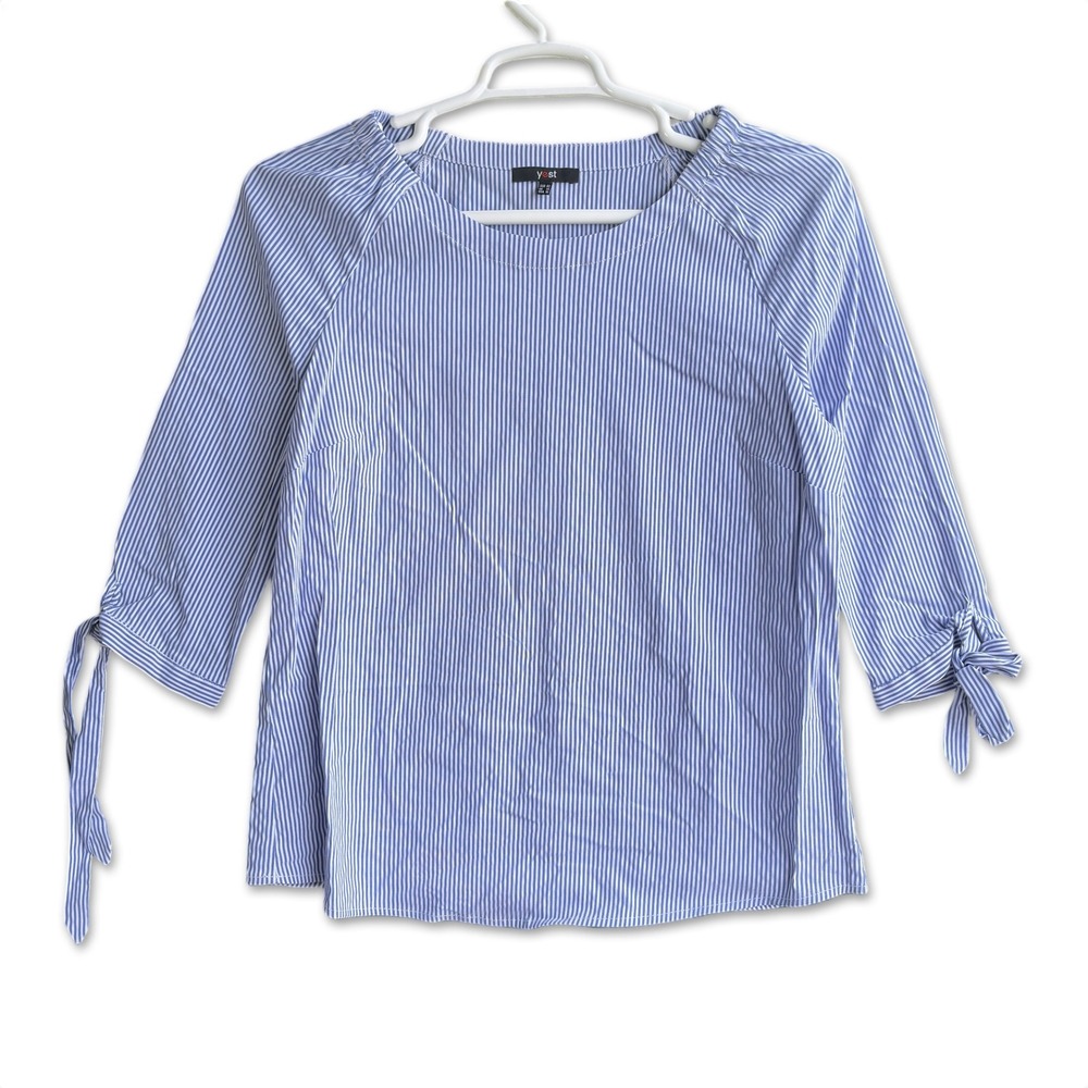 Yest Striped Blouse Women Size 10 Blue White 3/4 Tie‎ Sleeve Crew Neck Top